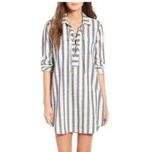 Madewell Striped Linen Shirt Dress XL Lace Up Tunic Pockets